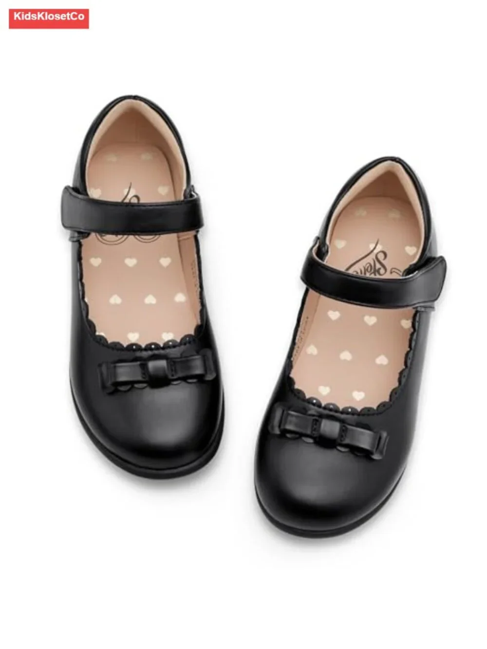 Girls' Mary Jane School Shoes Scalloped Faux Leather Bow Flats Hook & Loop
